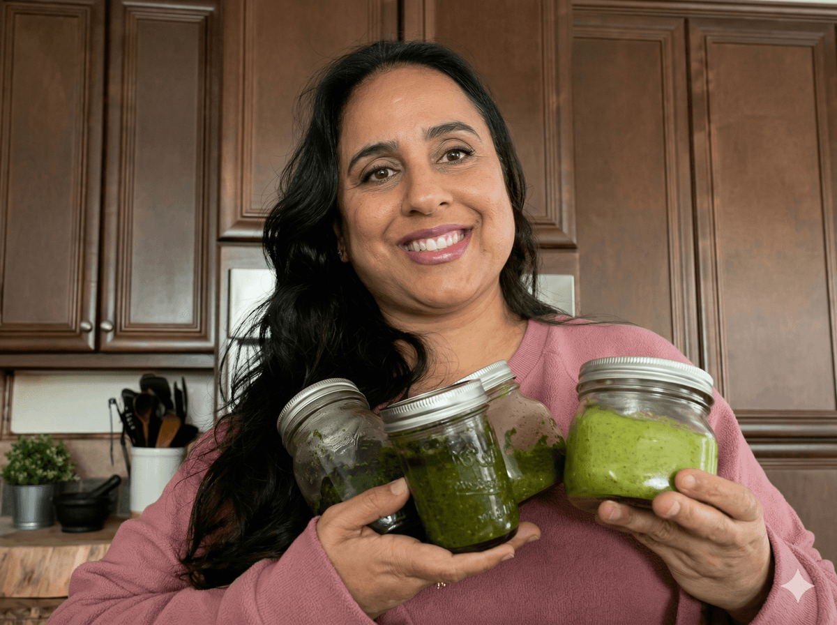 Chef Vineet holding jars of fresh green sauce in her kitchen