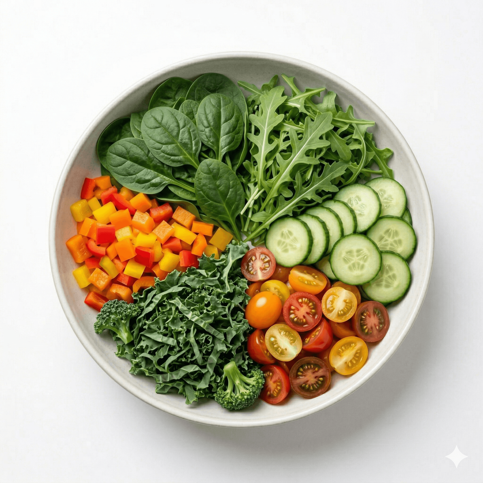 Overhead bowl of fresh vegetables and greens
