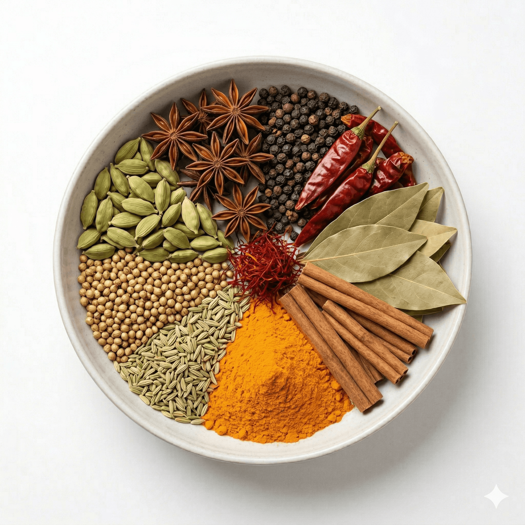 Overhead bowl of whole spices from India