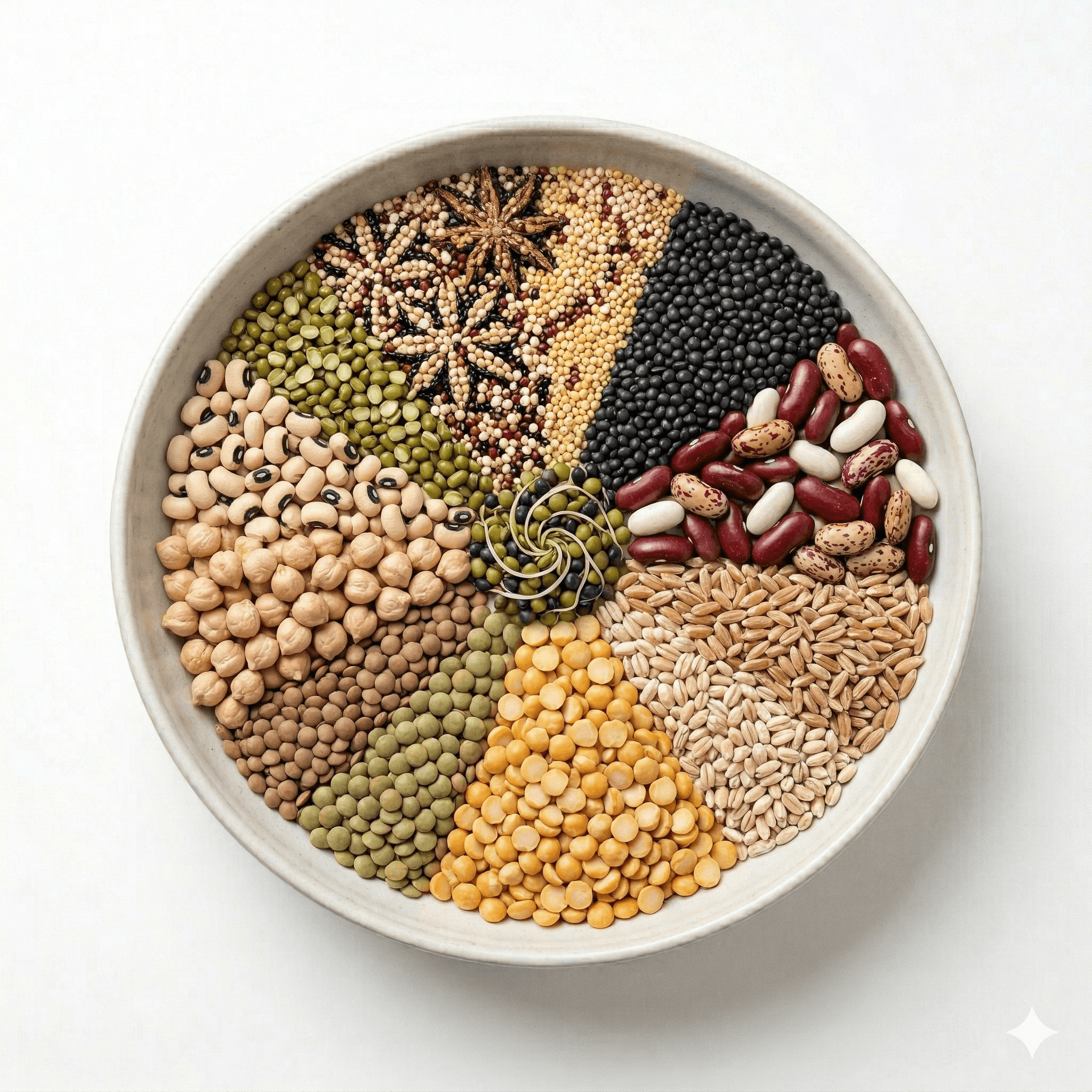 Overhead bowl of colorful legumes and whole grains
