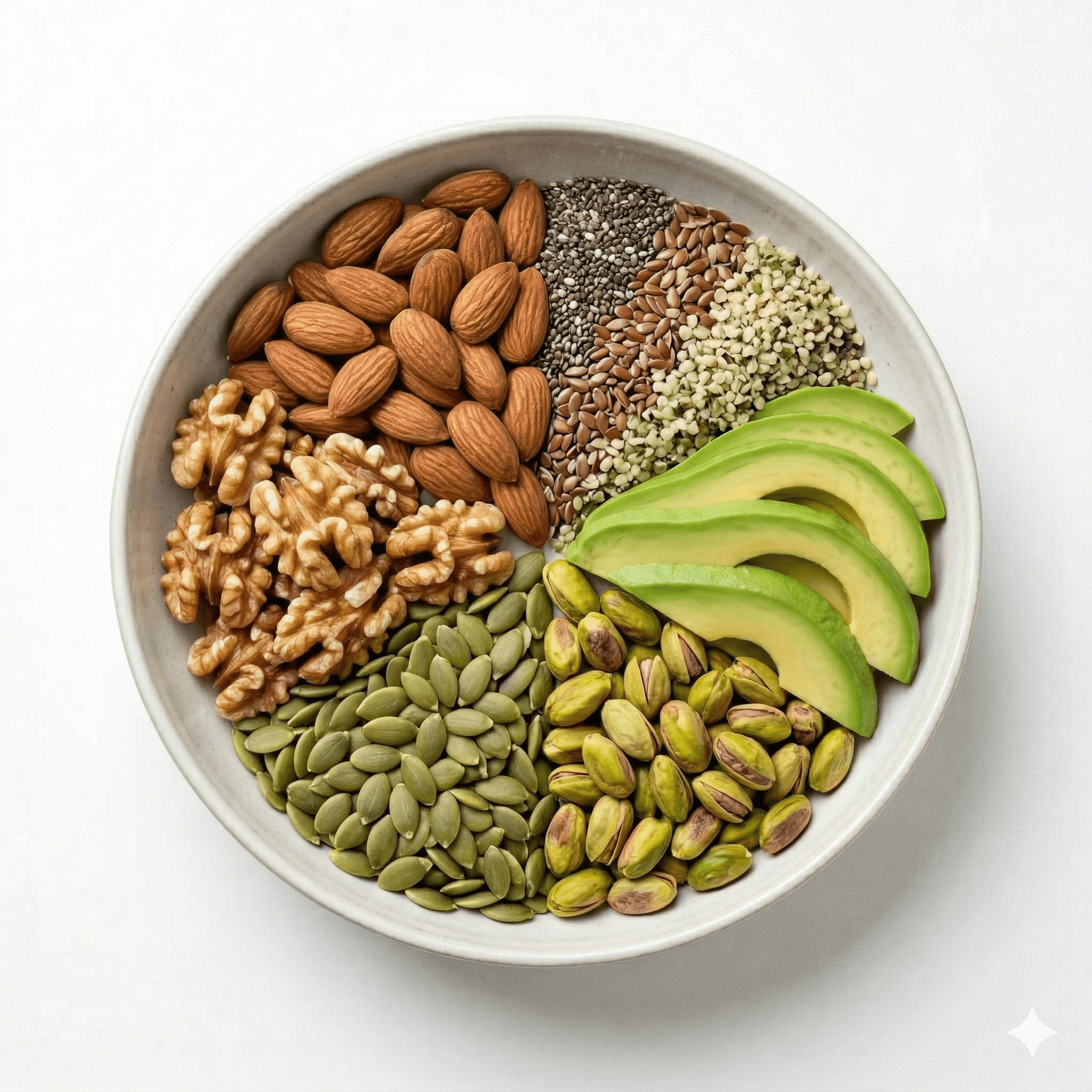 Overhead bowl of nuts and seeds